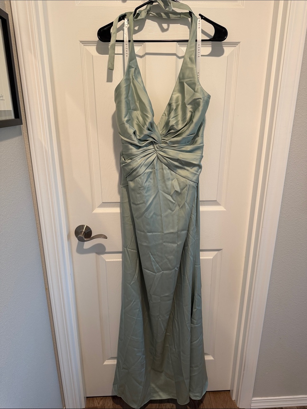 Azazie Sage Green Satin Halter Twist-Front Gown